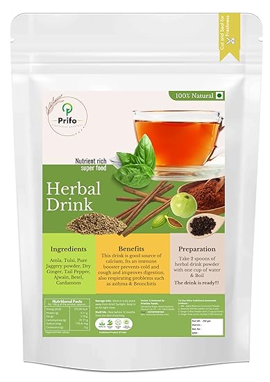 Prifo Herbal Drink - Added with Betel, Amla, Tulsi, Dry Ginger, Tail Pepper, Ajwain, Cardamom | Ancient drink | Breath Freshner | Stress release | Chemical Free | No White Sugar - 250 Grams.