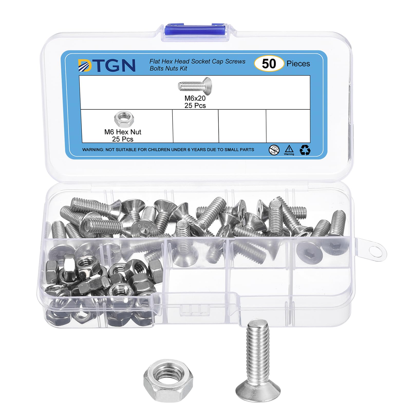 DTGN 50Pcs M6-1.0 x 20mm Flat Head Hex Socket Cap Screws Bolts Nuts Kit, 304 Stainless Steel Round Flat Metric Machine Screws