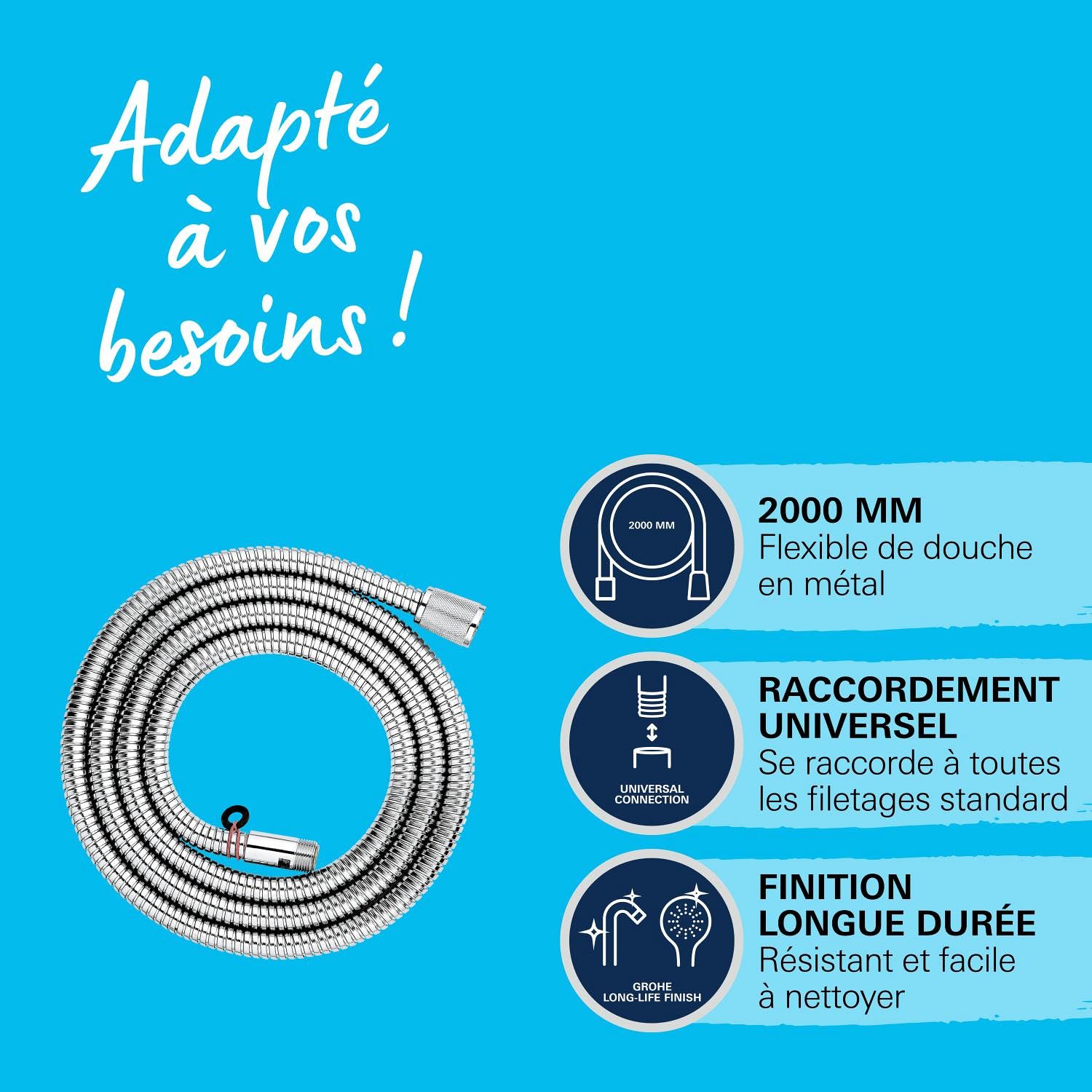 GROHE Flexible tuyau de douch salle de bains VitalioFlex métallique, tuyau de douche 2000mm, anti-pliures, finition brillante, raccord fileté universel 1/2", chromé, 22116000 (Import Allemagne)
