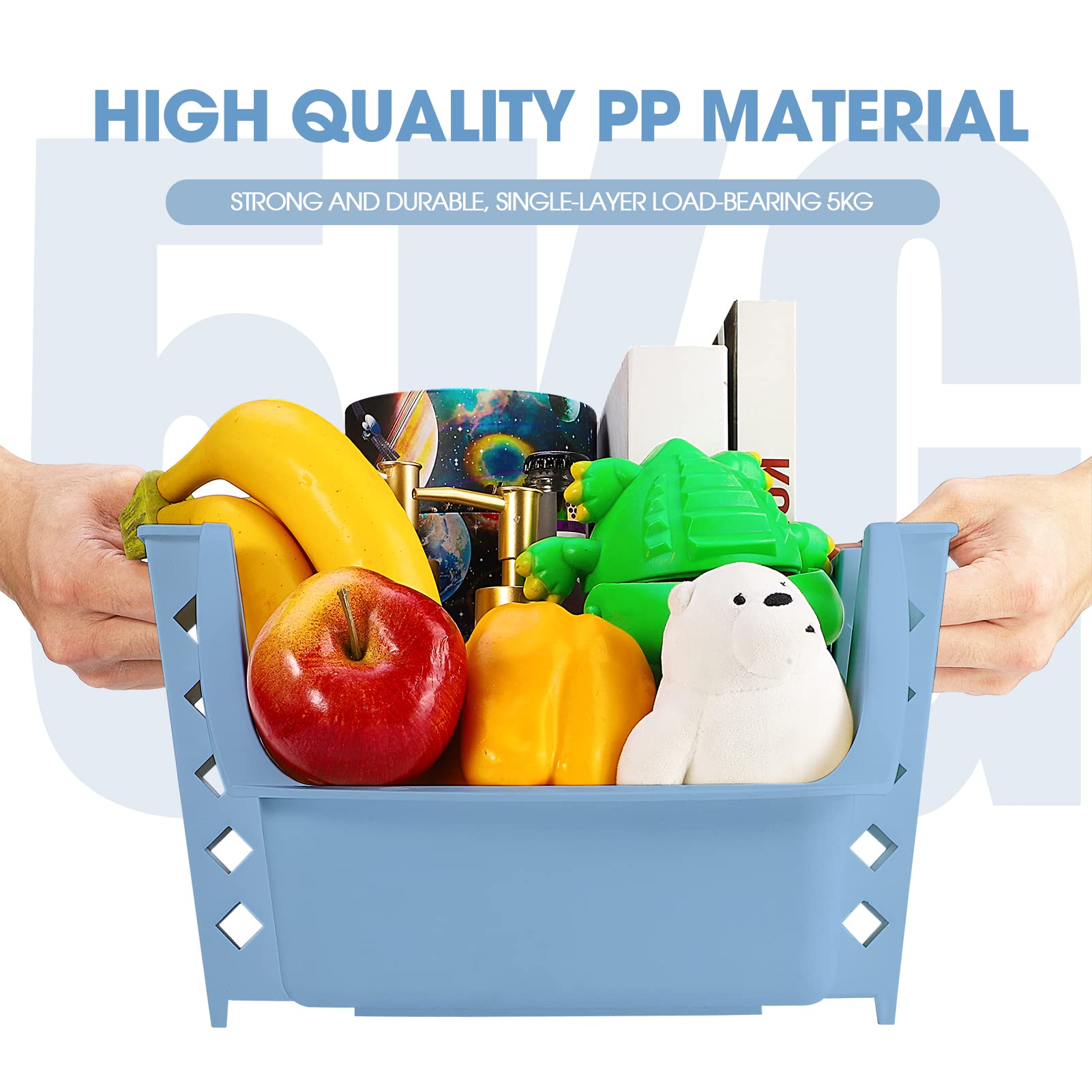 Stackable Storage Bins 2Pack White & 2Pack Blue, Plastic Pantry Storage Closet Organizer for Fruit and Vegetable Stacking Baskets for Kitchen, Garage, Room Organizers Bins(Made in America)