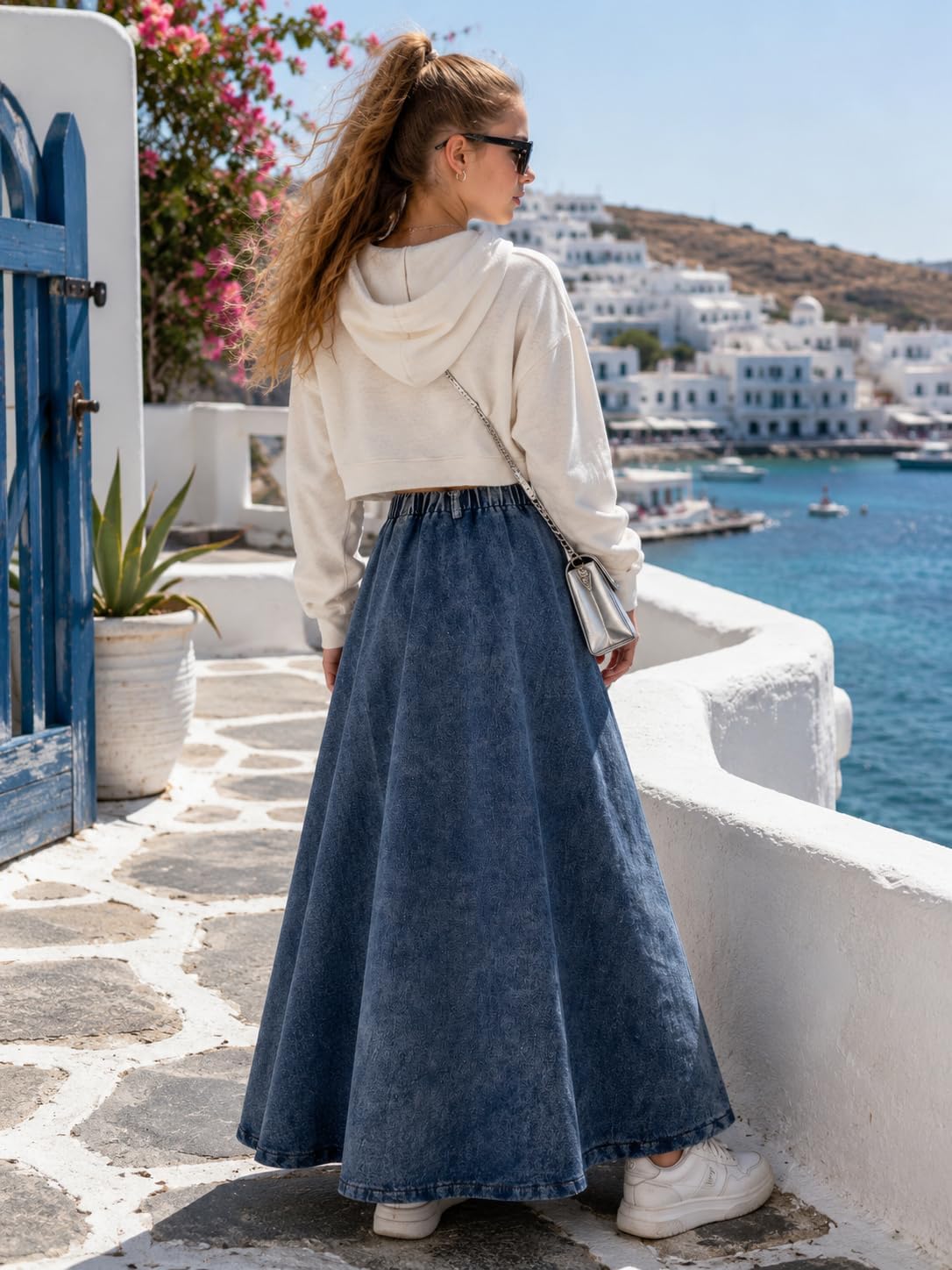 9-16Y Girl's Stretchy High Wasited A Line Long Maxi Jean Skirt with Pockets