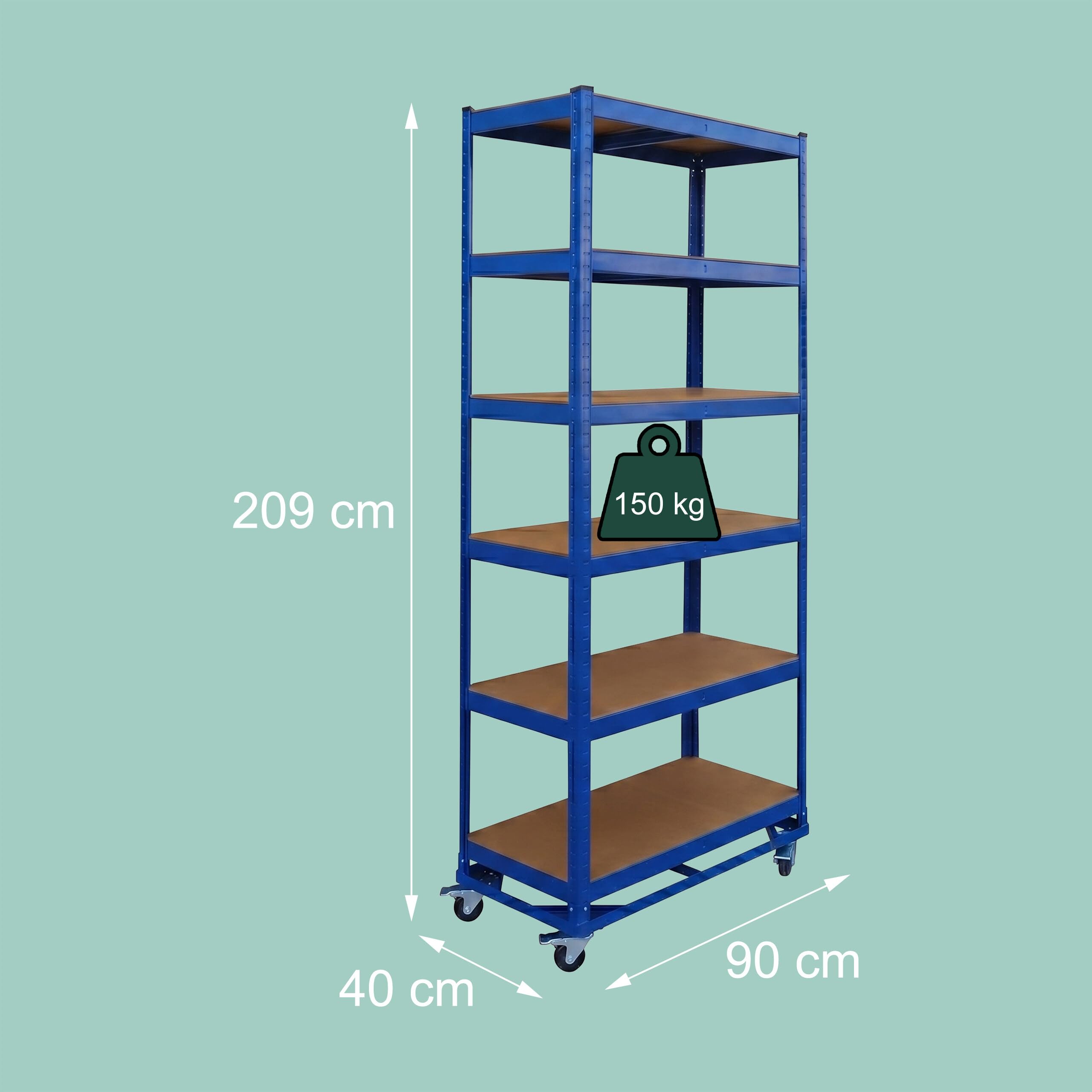 Relaxdays estantería Industrial con Ruedas, 209x90x40 cm, 900 kg, 6 baldas, Acero, Sistema de Montaje, Azul