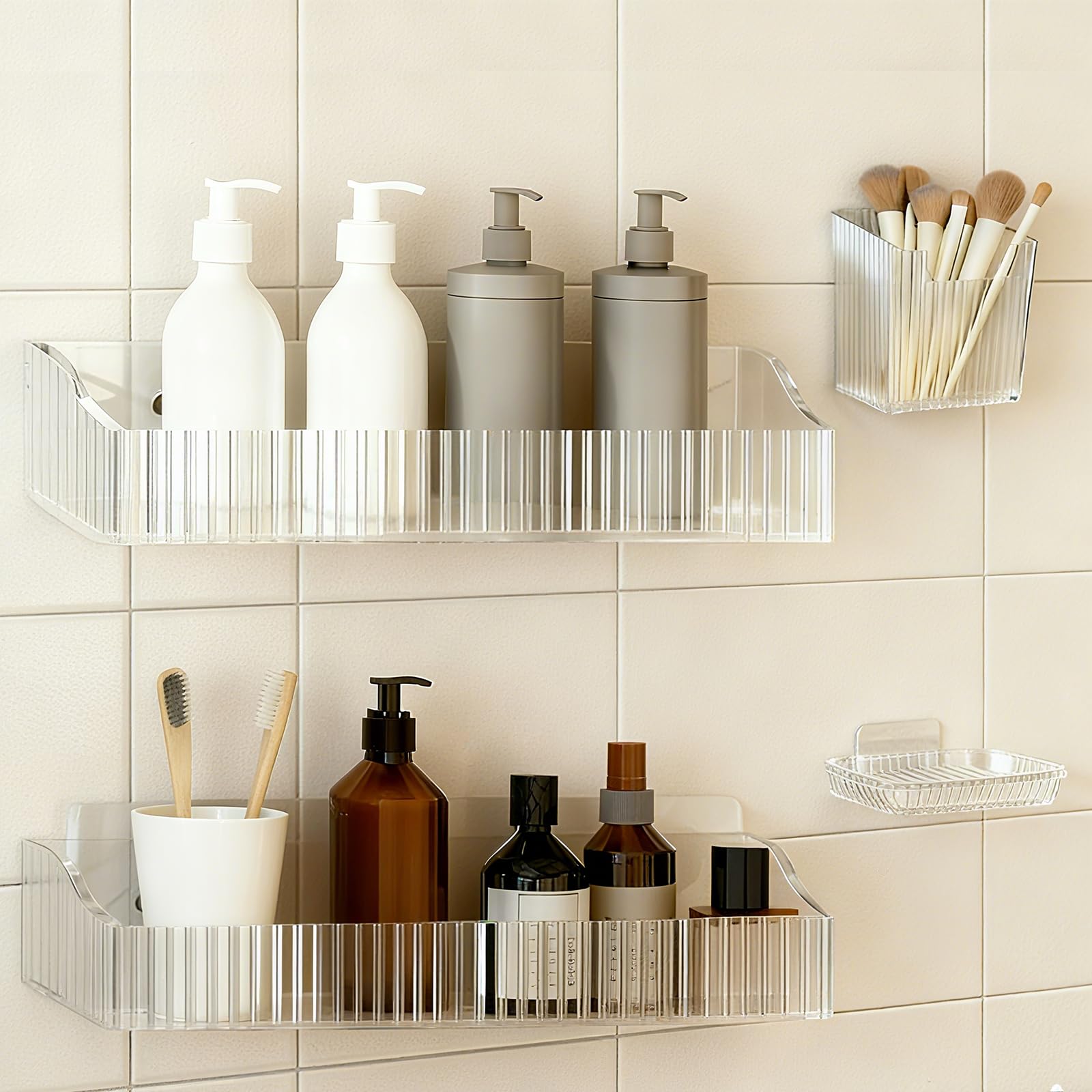 CQKEDMA 4 Pack Acrylic Shower Caddy Adhesive Clear Shower Shelves No Drilling with Soap Holder Toothbrush Holder Bathroom