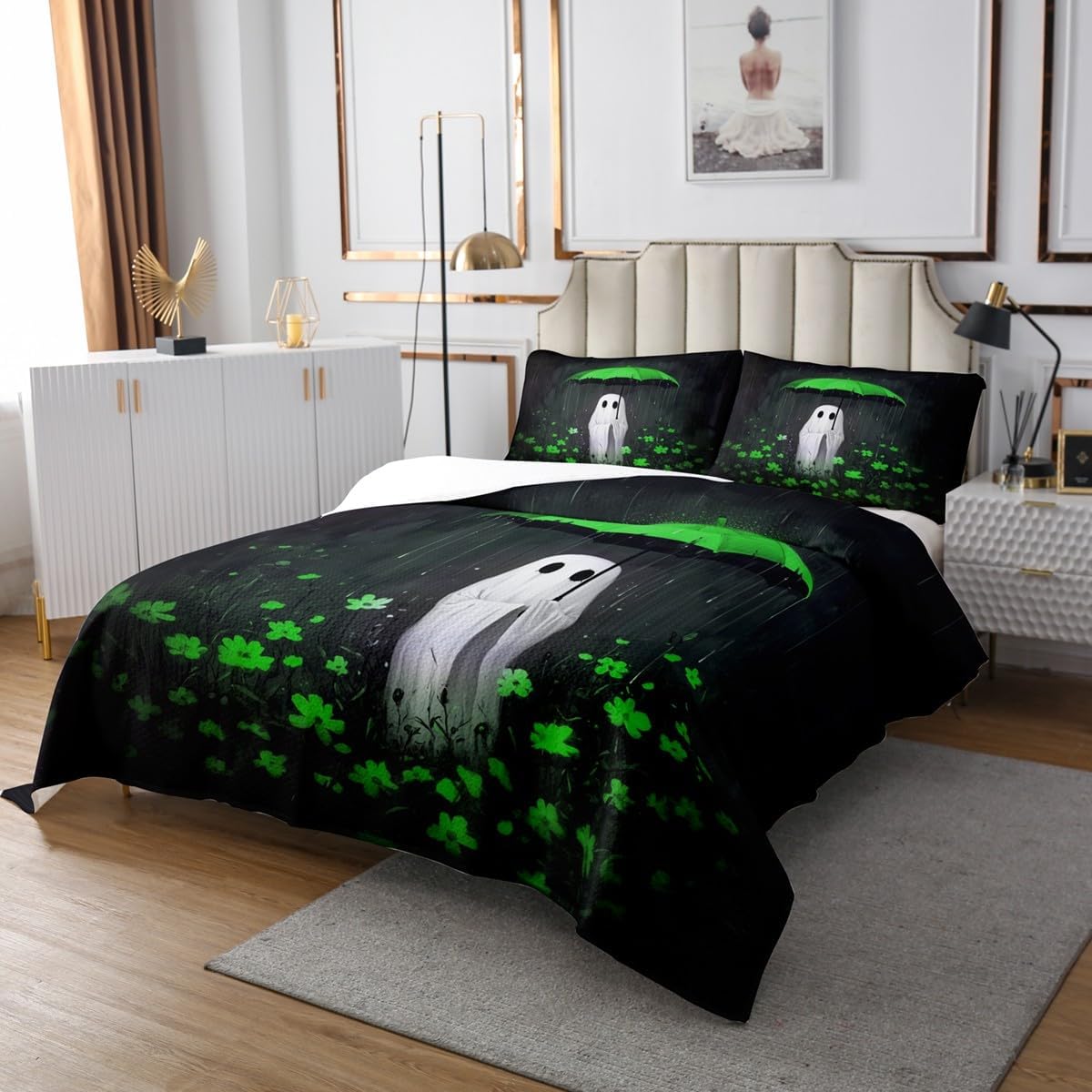 Erosebridal Gothic Quilt Set Halloween Ghost Queen Bedspread Set - Green Umbrella Coverlet Sets Jungle Flowers Boho Floral Quilted,Halloween Decorations