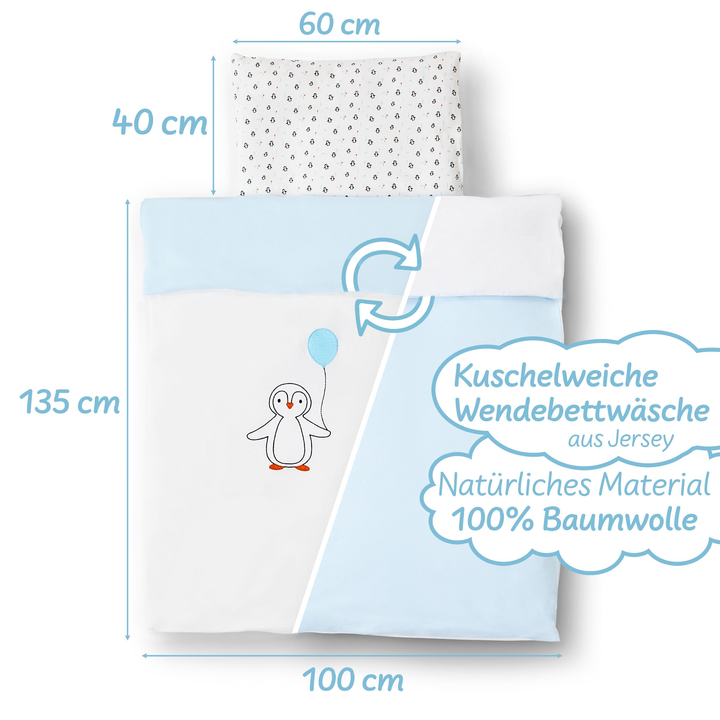 Koru Kids® Premium Kinder Bettdecken-Set - Set mit Pinguin Bettwäsche 100x135 + 40x60 cm - Daunendecke 100x135 cm mit Kissen 40x60 cm - 100% deutsche Daunen – Baby Bettdecke - Kinderbettdecke