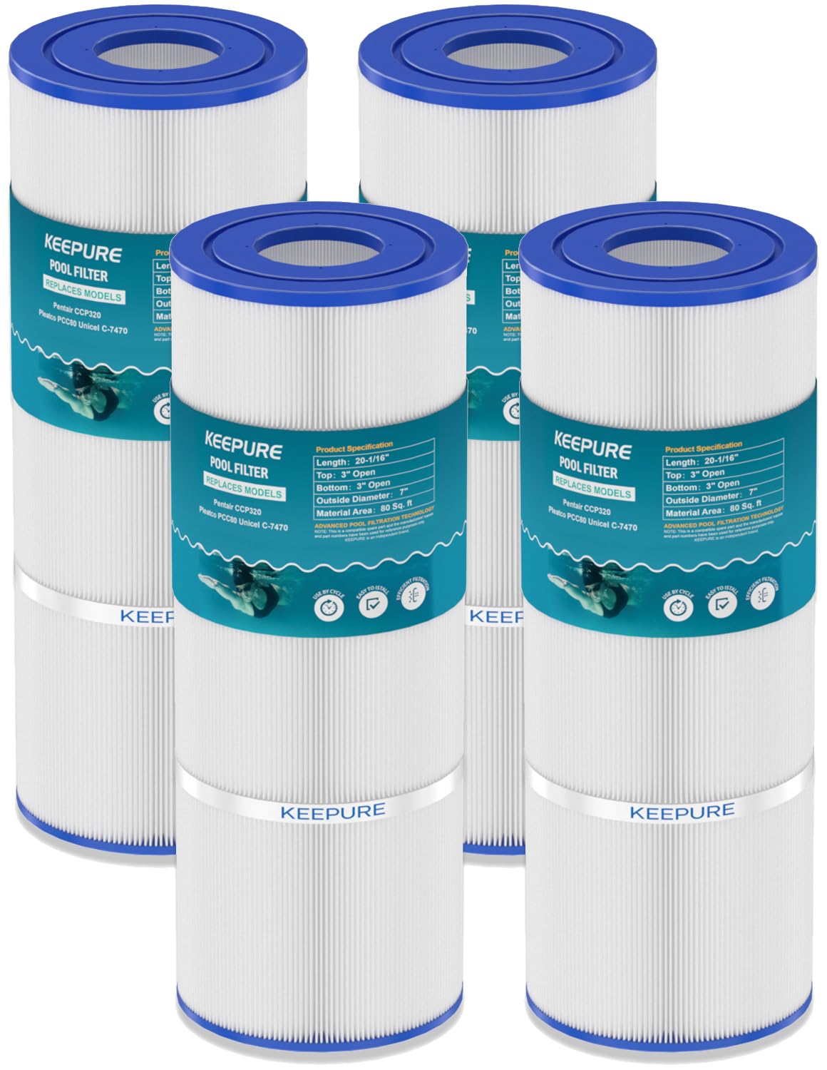 KEEPURE CCP320 Pool Filter Cartridges Compatible with PCC80, C-7470, PCC80-PAK4, FC-1976, Clean?Clear Plus 320, R173573, 178580, 817-0081, 4 x 80 sq.ft, 4Pack