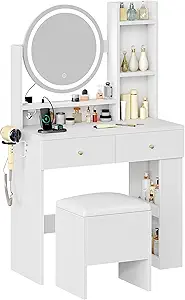 DWVO Makeup Vanity Desk with LED Lighted Mirror, White Vanity Set with Charger Station, Small Spaces Vanity Table for Bedroom, Adjustable 3 Lighting Modes, Makeup Table with Chair for Women, 31.5"