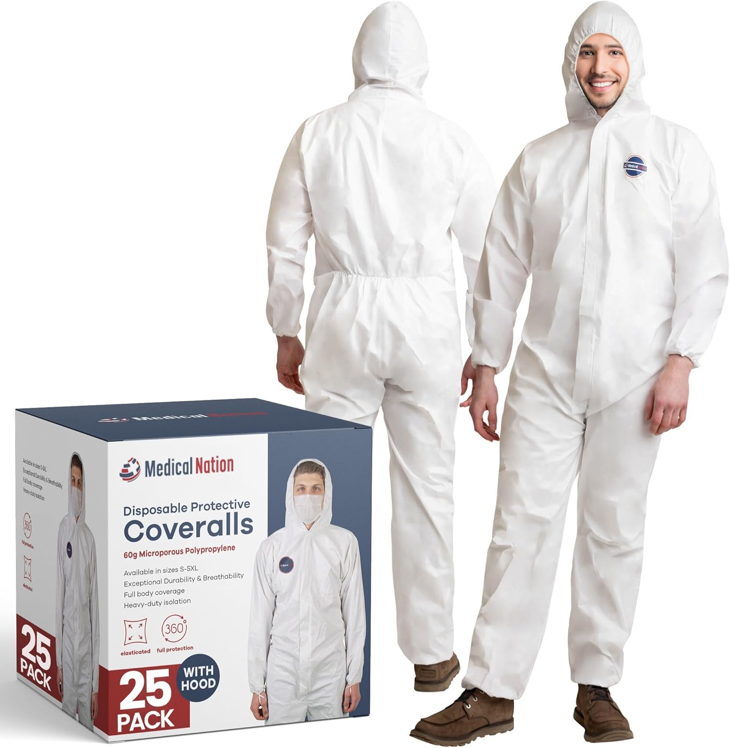 Hazmat Suits Disposable | 25 Pack | Hooded, Heavy Duty, Breathable Disposable Coverall, Painter Suit| 9 Sizes
