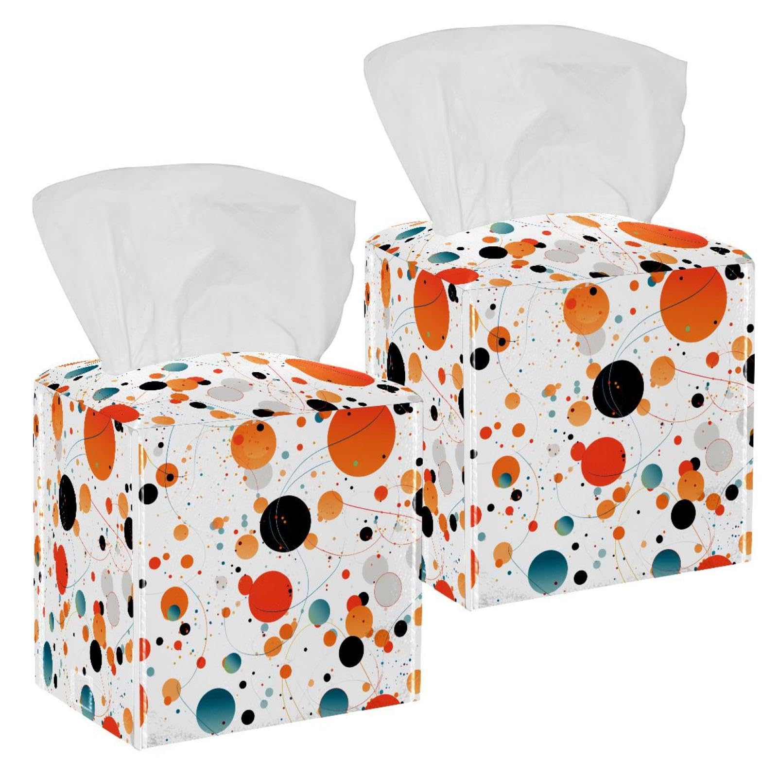 Circles Dots Tissue Box Cover, 2 Pack PU Leather Square Facial Tissue Dispenser Box holder for Home Office Car