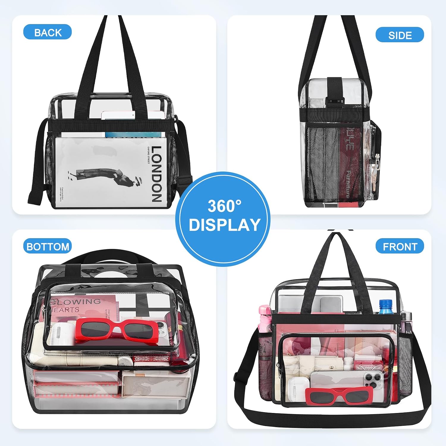 Busiuw Clear Bag for Stadium Events Stadium Approved Clear Tote Bag 12x12x6 | Clear Bag with Reinforced Straps and Front Pocket for Sport Fan, Work Concert Travel