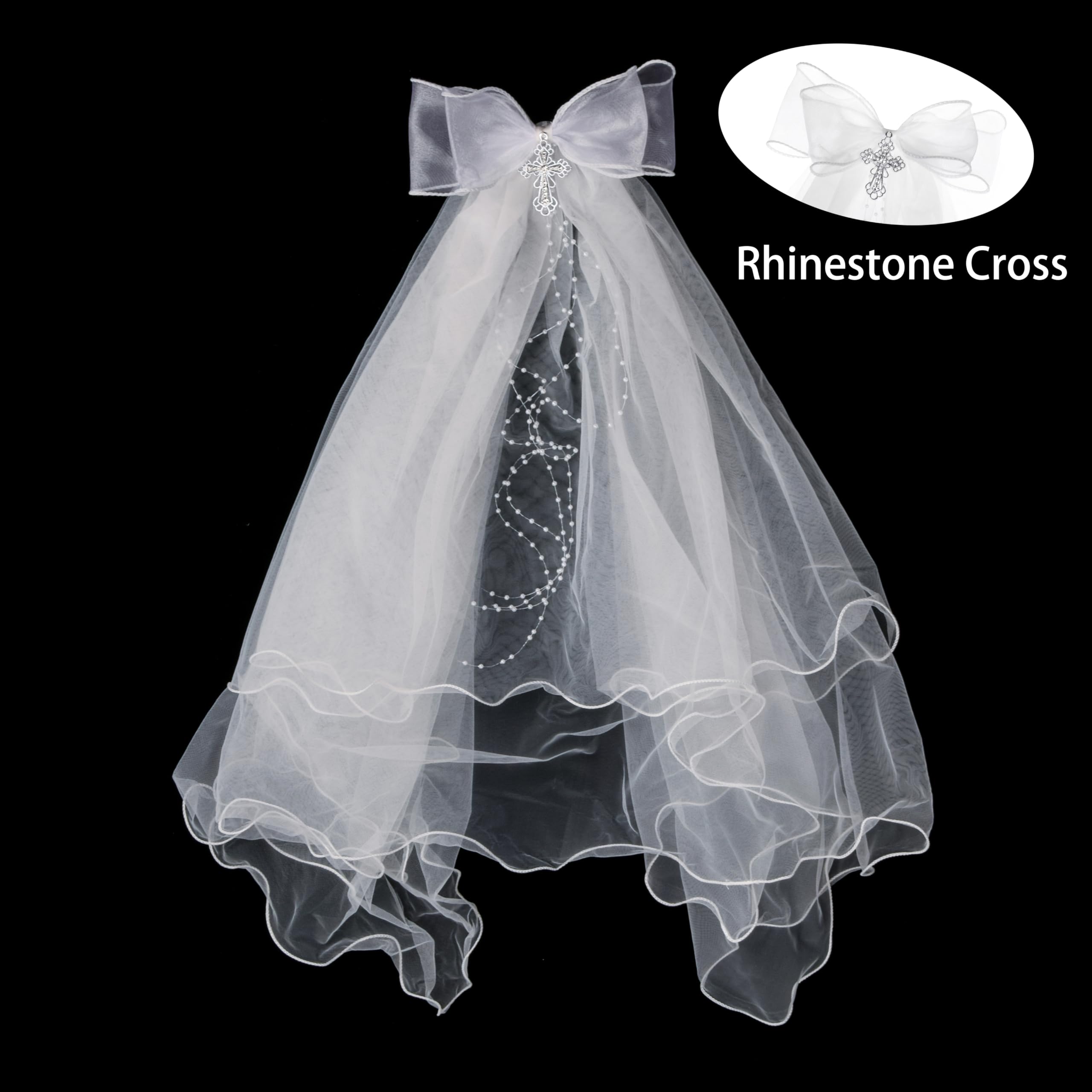 Merroyal First Communion Veil and Tiara Set, 24 inch White Veil with Rhinestone Cross Crown, Religious Ceremony Accessories