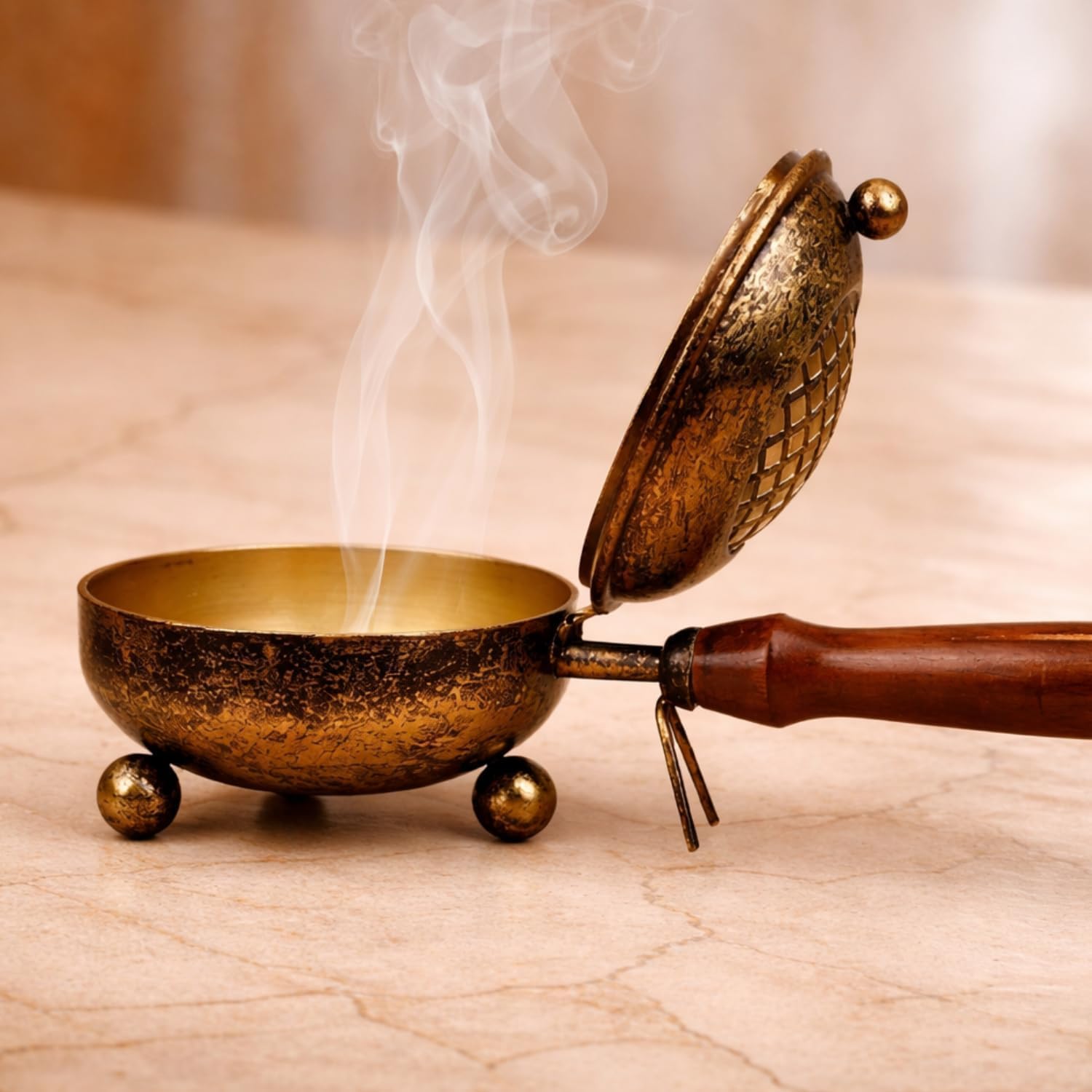 ServDharm Incense Holder Metal Gold Finish (3.3” Diameter) | Incense Burner with Wooden Handle | Loban Dhoop Holder for Home Decor, Puja, Meditation, Yoga, Spa and Gifting