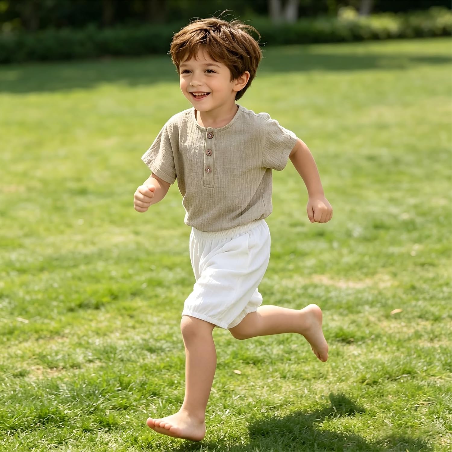Toddler Boys Cotton Linen Outfit Summer 2 Piece Set Short Sleeve Henley Shirt & Shorts Kids Casual Outfit 2-6Y
