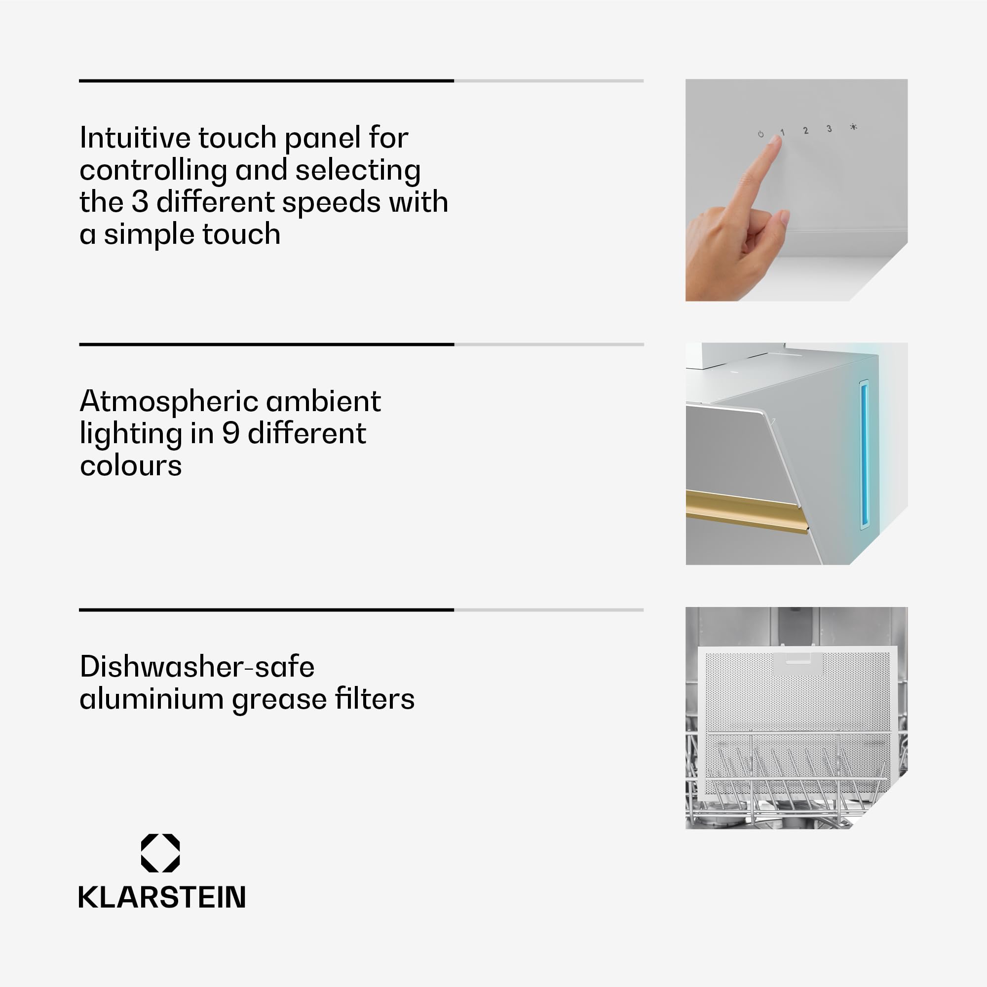 Klarstein Alina Okap kuchenny przyścienny – 60 cm, przepływ 600 m³/h, sterowanie dotykowe, klasa energetyczna A, podświetlenie LED w 9 kolorach, cichy 52 dB, biało-złoty, opcja recyrkulacji