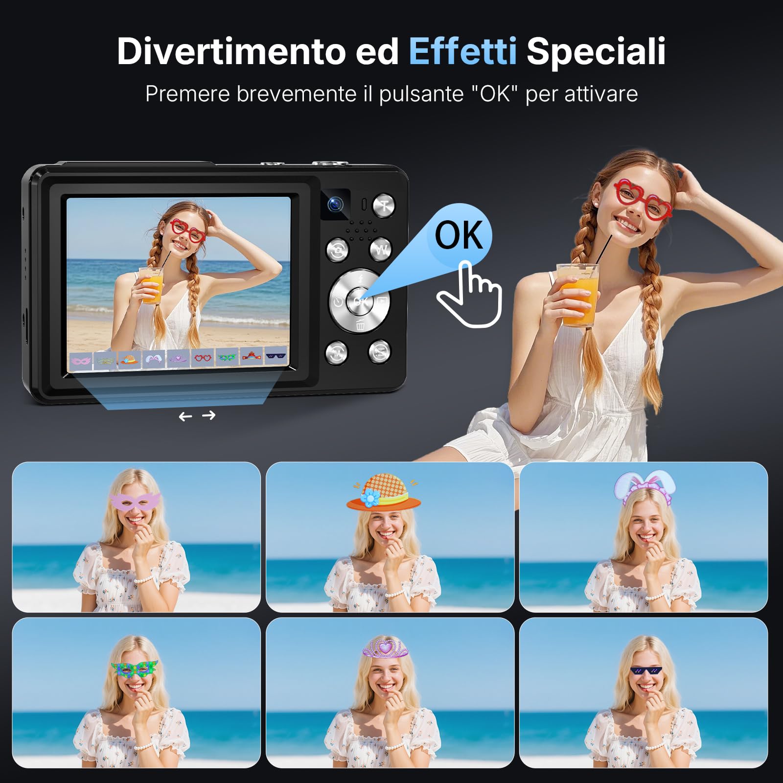 Fotocamera Digitale 4K 64MP Macchina Fotografica Digitale con Doppia Lente, Autofocus, Display IPS 2,8”, Zoom Digitale 16X, Antivibrazione, Due Batterie, Scheda 32GB per Adolescente, Principianti