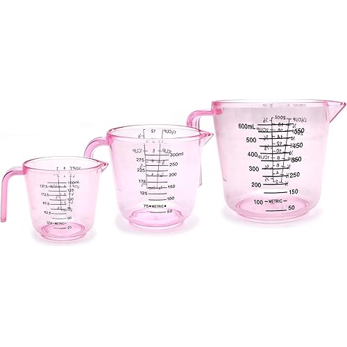 Plastic Measuring Cup Set, Kitchen Cooking and Baking Seasoning Liquid Measuring Cup, Multiple Scale Identification, with Handle and Triangle Mouth, 150ml, 300ml, 600ml, 3-piece Set (Pink)