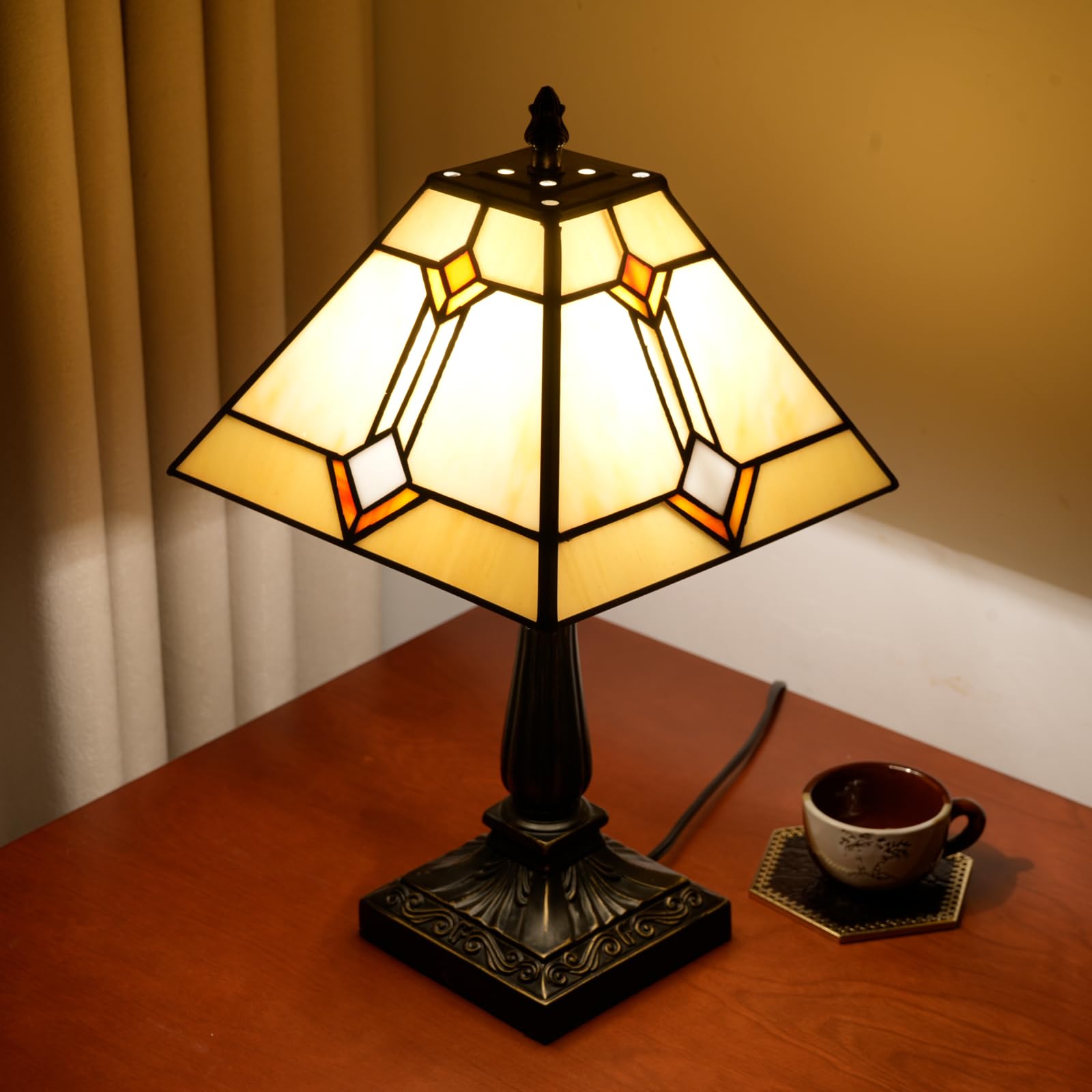Tiffany lampa stołowa styl misja szkło witrażowe światło żółte antyczne vintage lampa obok czytania do domu salonu