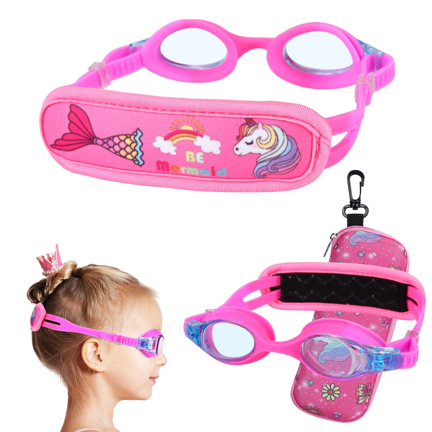 Kleinkind-Schwimmbrille, Alter 2–5 Jahre, Kinder-Schwimmbrille, Mädchen-Brille, weiches Stoffband und Meerjungfrau