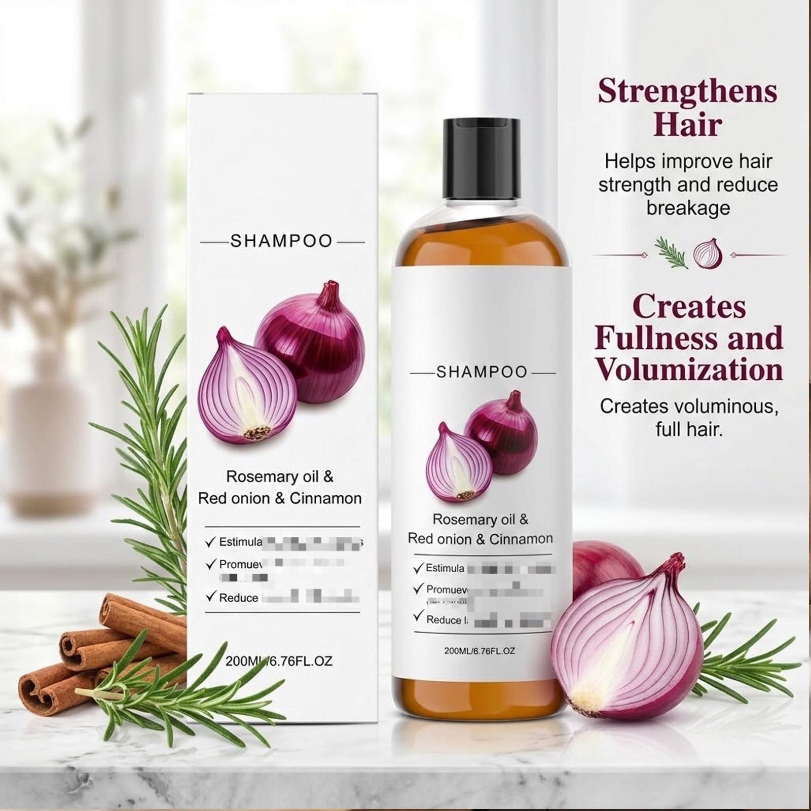 Champú de biotina de romero y cebolla para dar volumen al cabello, champú suave para el cuidado del cuero cabelludo para cabello fino, espesamiento voluminizador, limpieza profunda e hidratante