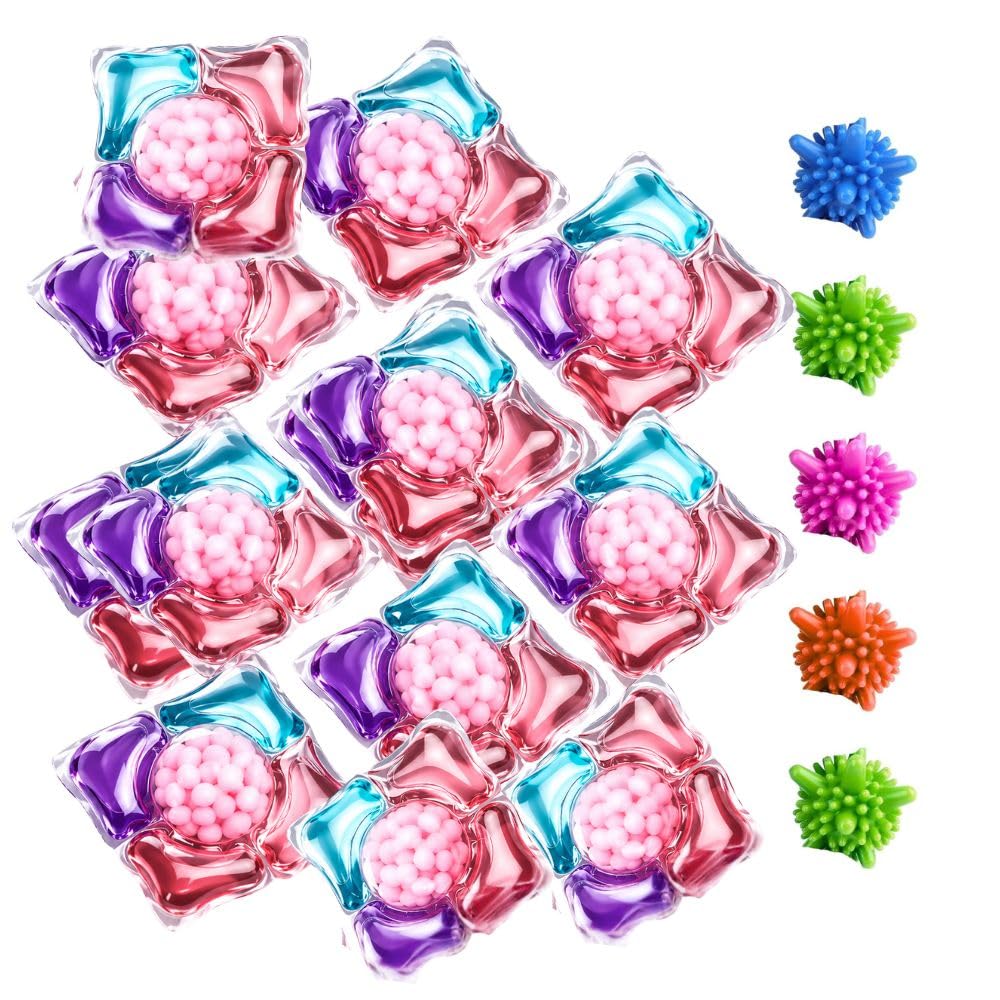 5 in 1 Laundry Detergent Pods 60 Pieces with Free Dryer Balls | Multi Color Washing Capsules for Clothes Stain Removal Fabric Care, Long Lasting, Fresh Fragrance (Pack of 2)-image-19