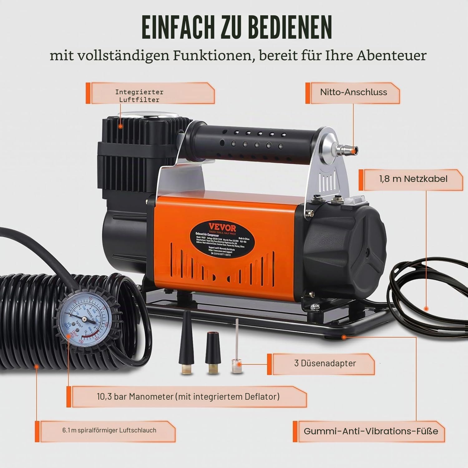 VEVOR 12V Auto-Kompressor 150PSI Luftkompressor 6CFM(170L/Min) Auto Reifenfüller mit Wärmeschutz Luftpumpe inkl. 3m Netzkabel und 6m Luftschlauch Ideal für LKW SUV RV Schlauchboote usw.