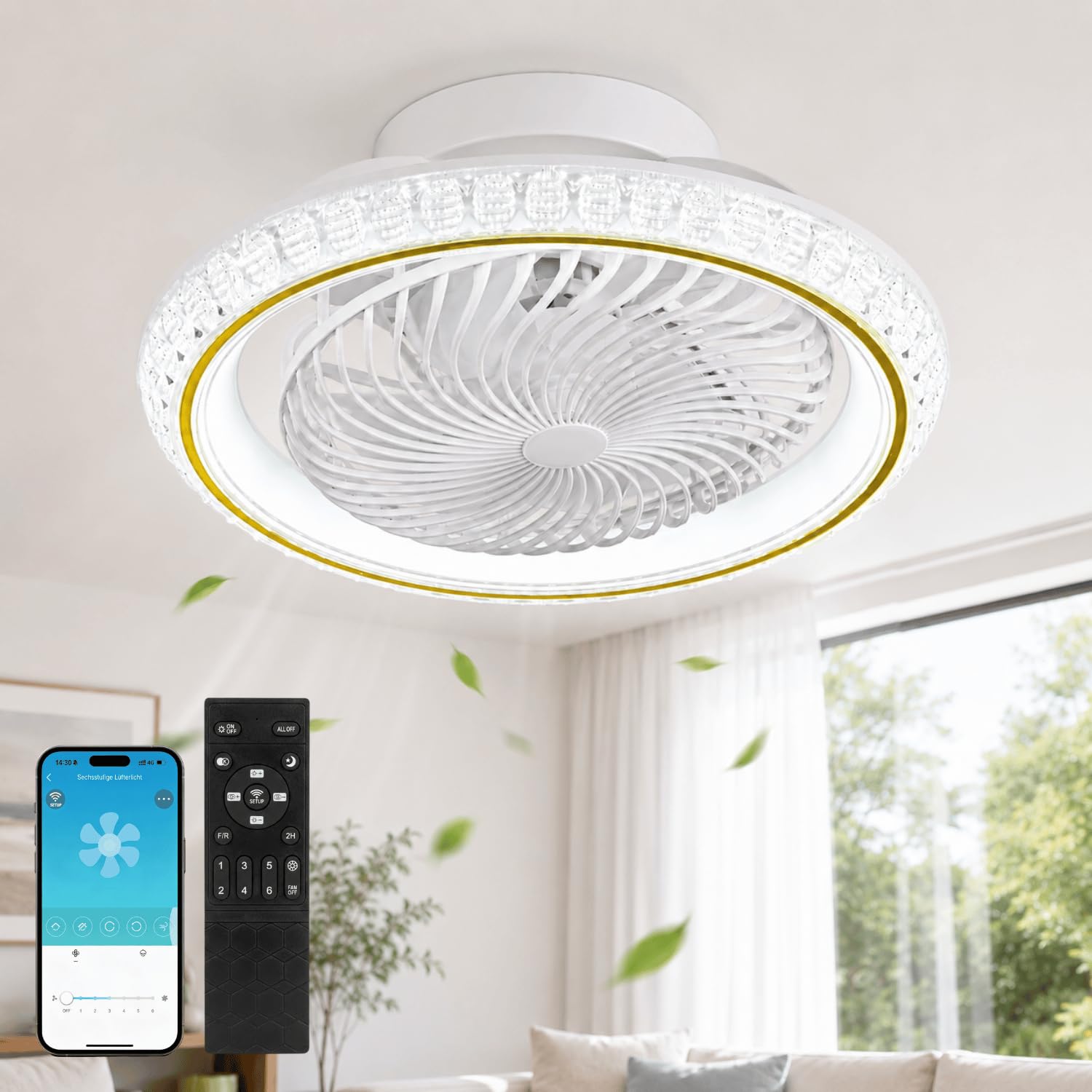 Ventilateur de Plafond avec Lumière LED 72W, Plafonnier Ventilateur Silencieux Rotation 360°, Éclairage Dimmable avec Minuterie, Télécommande et App, pour Chambre et Salon (Or)