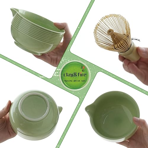 Miniatura 4 de Clay&Fire Juego de batidor de matcha, juego de matcha de cerámica, cuenco de matcha con boquilla y batidor, kit de té Matcha de 9 piezas para los