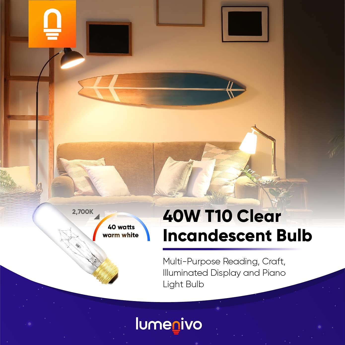 lumenivo Piano Light Bulb 40 watt 120 Volts 一 40T10/CL Light Bulb Display Replacement 一 T10 Bulb Medium Base (E26) 一 280 Lumen Clear Incandescent Bulb for Illuminated Display Units 一 1 Pack