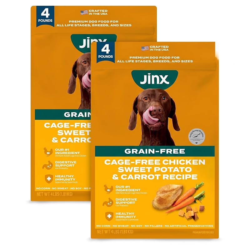 Ração seca sem grãos para cães Jinx com frango, batata-doce e cenoura, Pacote com 2 sacos de 1,81 kg