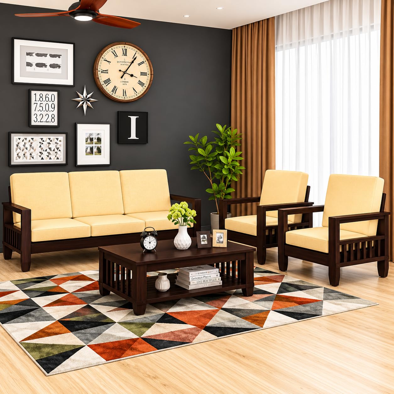 KENDALWOOD™ Furniture Sheesham Wood 5-Seater Sofa Set | Living Room Wooden Sofa Set Furniture | Sofa for Home & Office | Finish Color :- Walnut Finish with Cream Cushions - DIY(Do-It-Yourself)