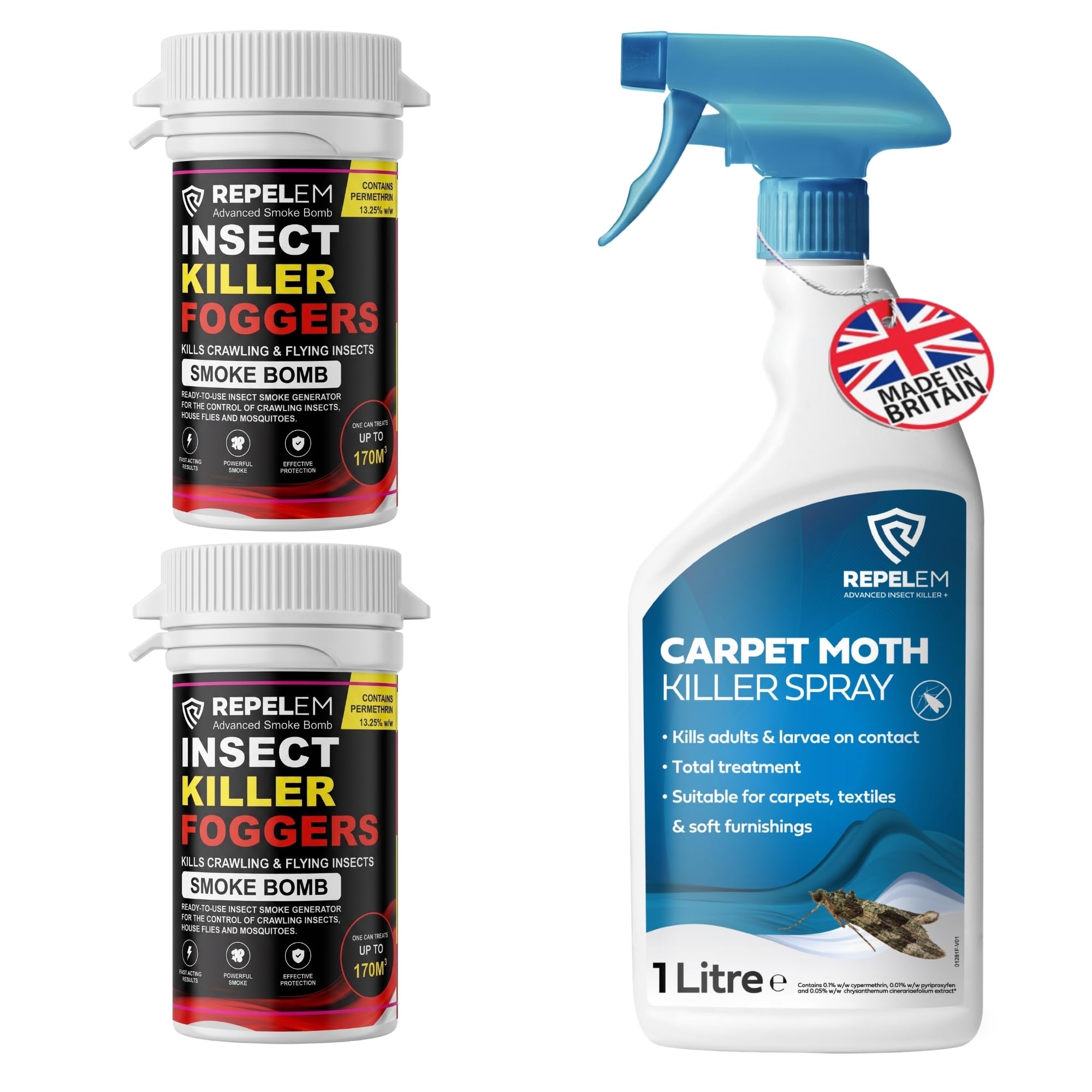 REPELEM Carpet Moth Killer Spray - 1L Carpet Moth Killer with 2 Smoke Bombs, Kills Moths at All Life Stages, Non-Staining Professional Strength Carpet Insect Killer, 3 Months Protection