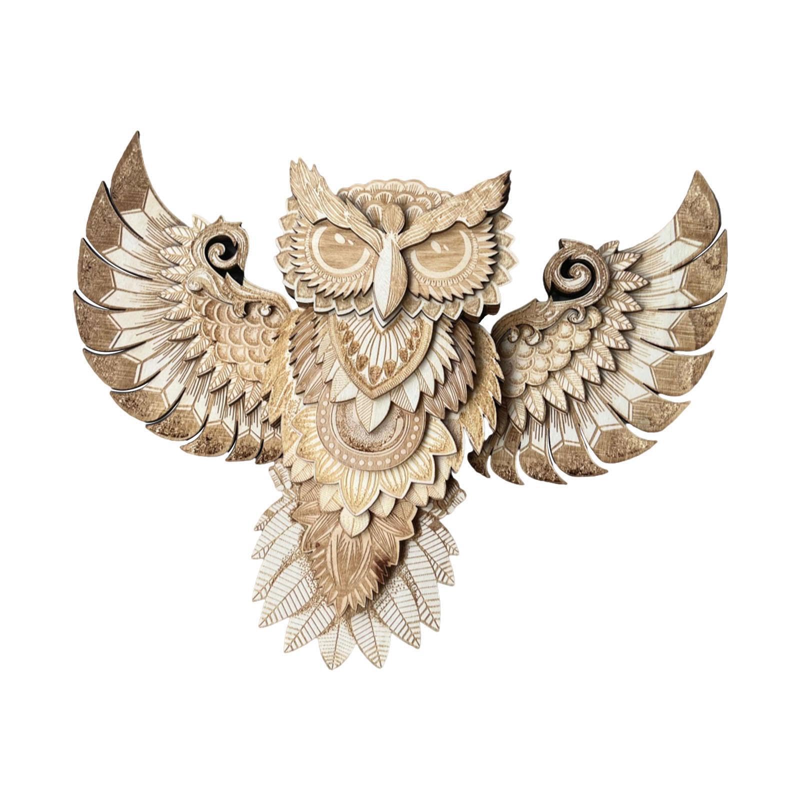 ALCXAZS Rustic Owl Wall Decor Hand Carved Owl Statue Stunning Animal Sculpture Beautiful Hanging Decoration Gift For Living Room Wood Wall Decor Statue Animal, Brown, 30x23x3.5cm
