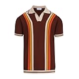OXKNIT Mens Retor Polo Striped Brown V-Neck Knitted Shirt 1960s Mod Style Vintage Collared T Shirt
