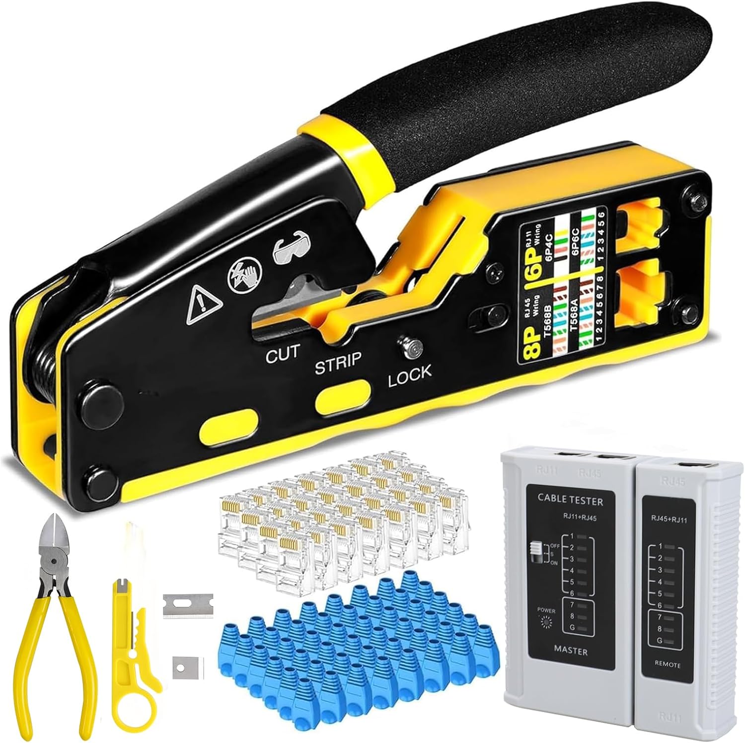Ethernet Crimping Tool Kit RJ45 Crimp Tools,CAT5 Cat5e Cat6 RJ45 Crimping Tool Kit With Cable Tester, Multiply Stripper, Blades,50Pcs Cat 6 Pass Through Connectors and Strain Relief Boots