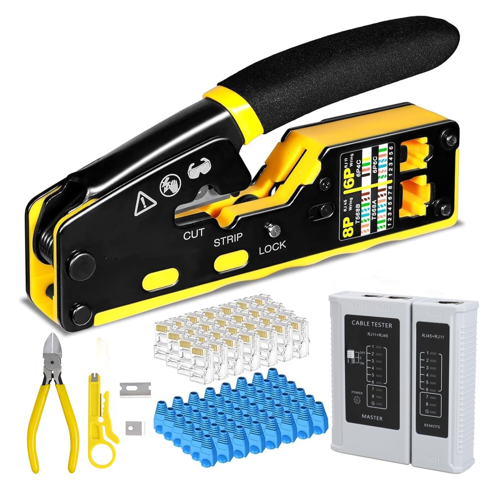 Kit di strumenti di crimpatura Ethernet RJ45, CAT5, Cat5e, Cat6, RJ45, kit di crimpatura con tester per cavi, spellafili multistrato, lame, 50 connettori Cat 6 passa-through e stivali antistrappo