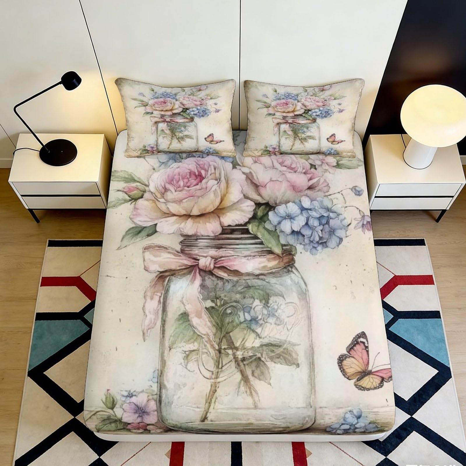 3D Printed Floral Mason Jar Fitted Sheet Microfiber Soft Pastel Butterfly Bed Cover for Bedroom Guest Room Decor 90x200x25cm