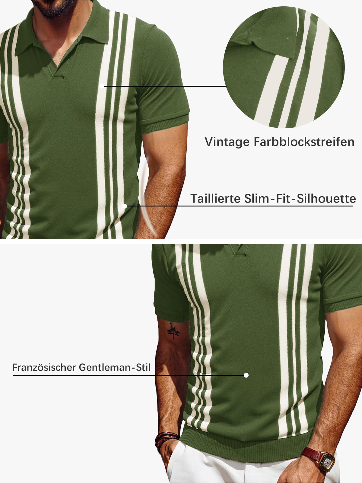 Les umes Polo Uomo A Righe Retro Scollo a V Manica Corta Maglia Cotone Estate Golf Casual