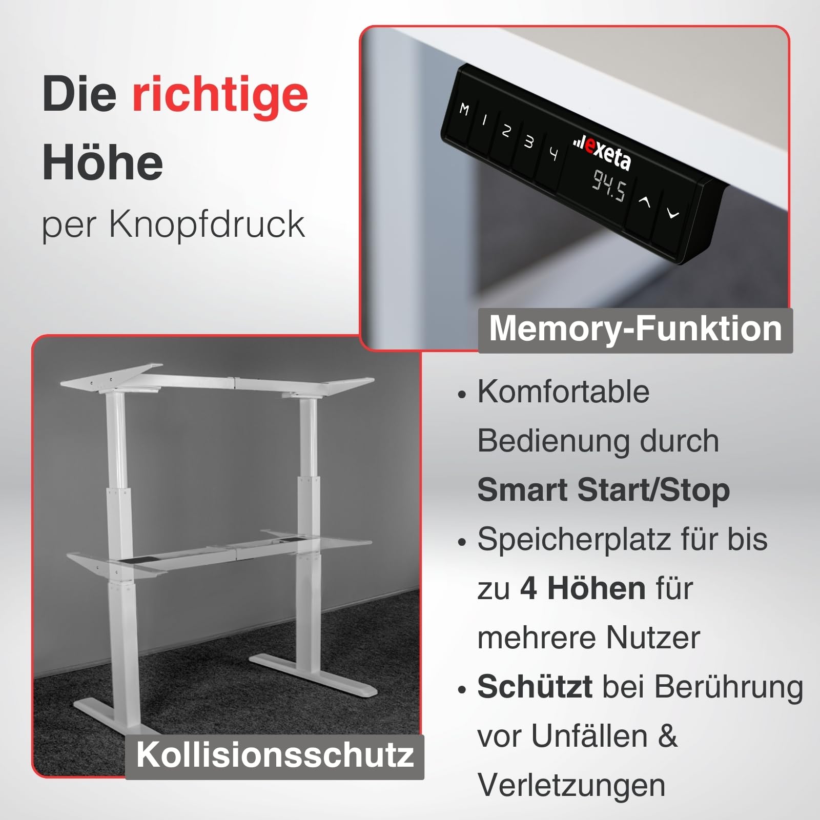 ergoSmart höhenverstellbarer Schreibtisch Gestell elektrisch 64,5-129,5cm in grau I Schreibtischgestell höhenverstellbar mit 2 Motoren I Tisch höhenverstellbar mit 3-Fach-Teleskop