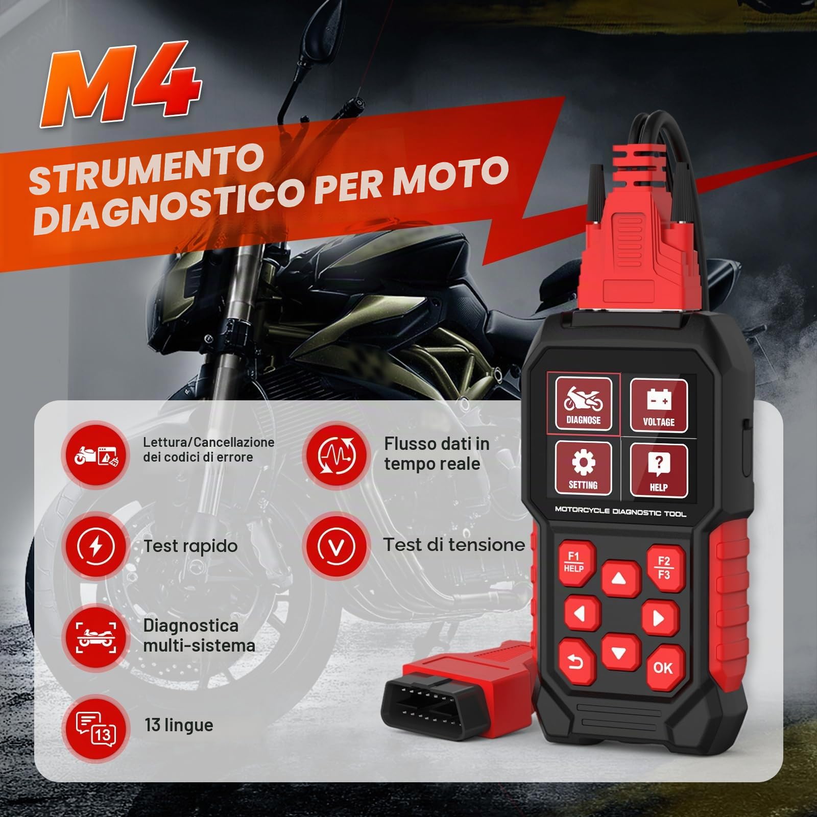 Scanner per moto strumento diagnostico per moto lettore obd per moto M4 Strumento diagnostico per motocicletta Lettura/Cancellazione codici di errore, test rapido e di tensione Lettore scanner di