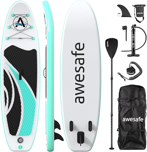 awesafe Inflatable Stand Up Paddle Board with Premium SUP/ISUP Accessories Including Backpack, Bottom Fin for Paddling, Paddle, Non-Slip Deck, Hand Pump, Leash