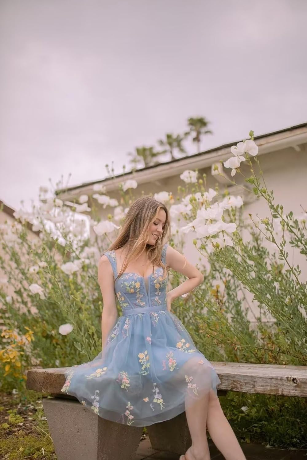 Eightale Tulle Flower Embroidery Homecoming Dresses Spaghetti Straps Short Floral Prom Party Dress