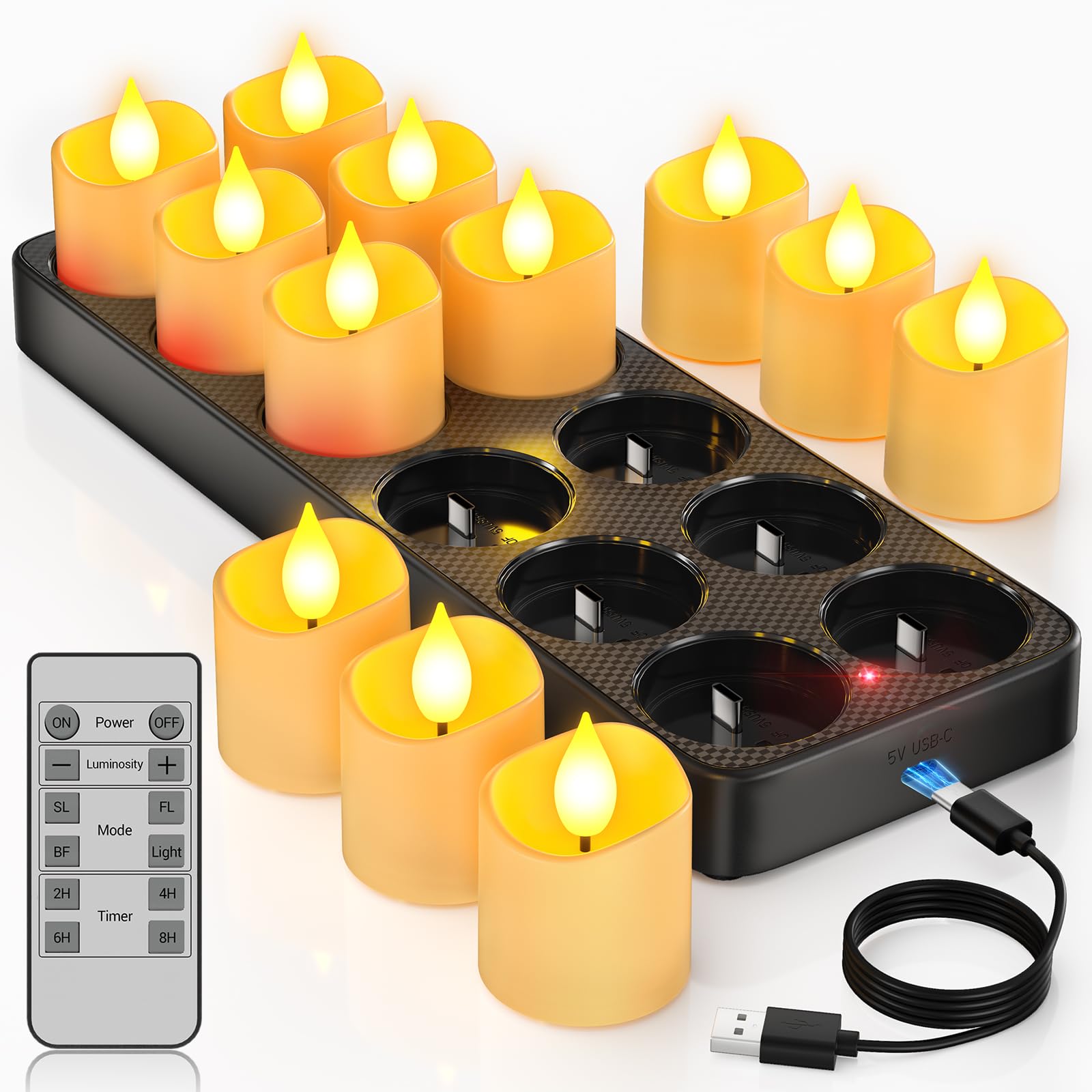 Yme 12er Aufladbare Teelichter mit Timer & Ladestation, LED Teelichter Wiederaufladbar Warmweiß Kerzen Flackernd mit Fernbedienung Dimmbar für Zimmer Wohnzimmer Halloween Kürbis Weihnachten Party Deko