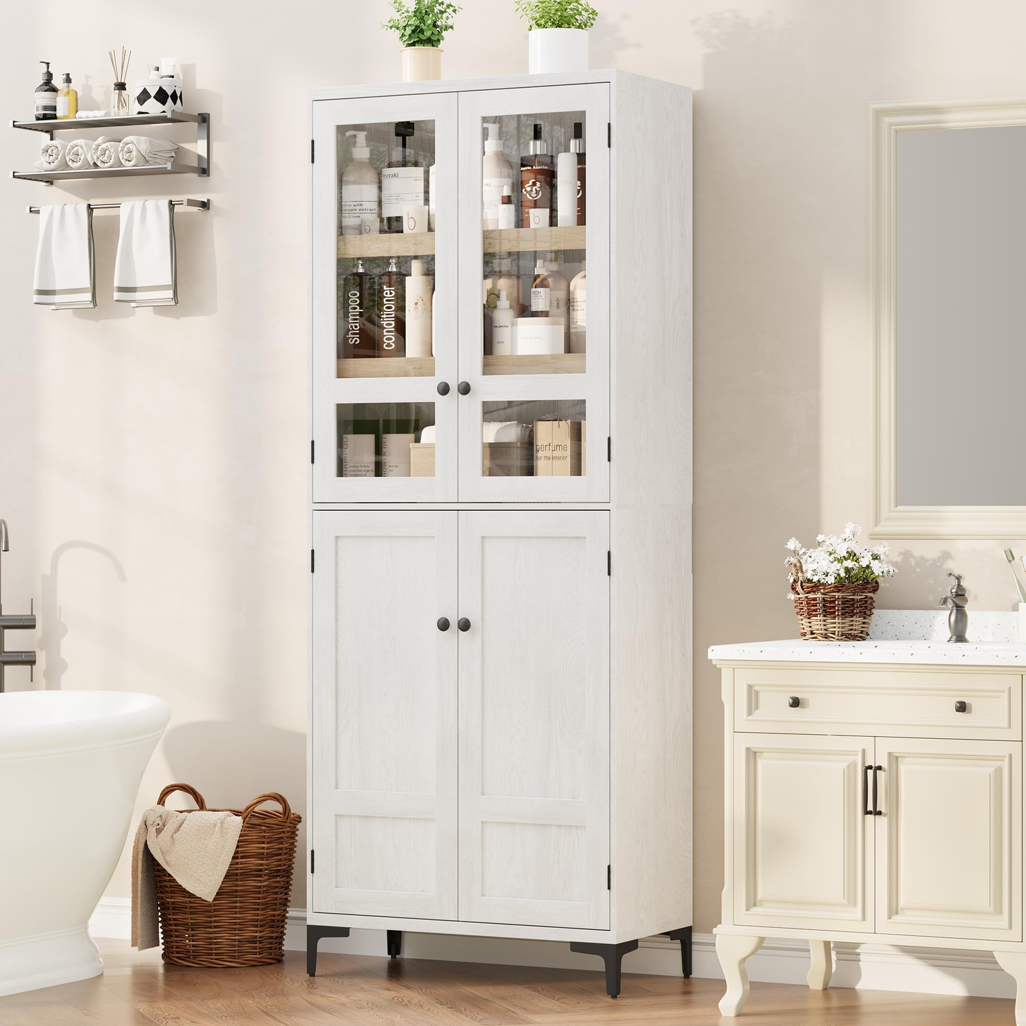 Garvee Armadio Alto 180 Cm, Mobile Contenitore 5 Ripiani Con 4 Ante, Ripiani Regolabili, Dispensa in Legno Salvaspazio Stretta Per Bagno, Cucina, Soggiorno e Sala Da Pranzo