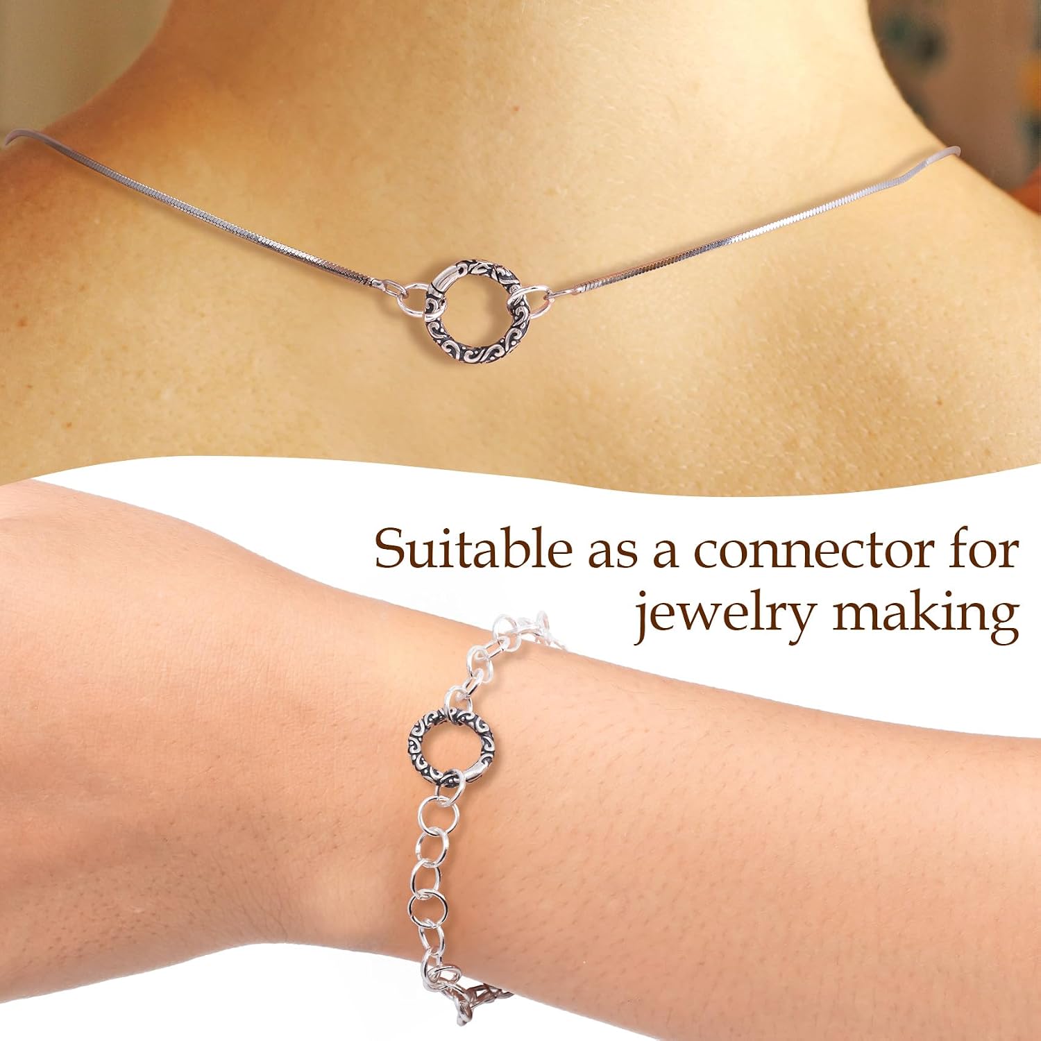 Pndeyo 925 Sterling Silver Round Jewelry Clasp, Hypoallergenic Necklace Enhancer Shortener with Carving Patterns, 0.5in Spring Rings Clasp Connector Clips for Bracelets Jewelry Making- Black