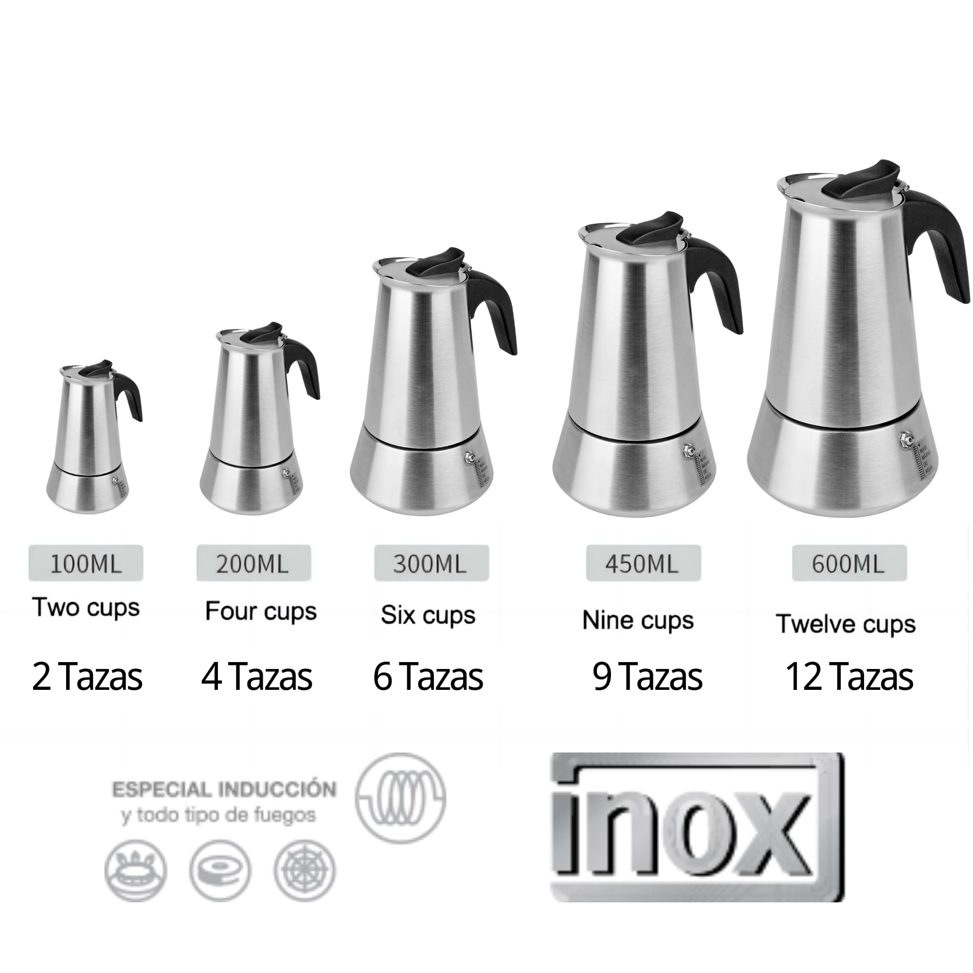 Cafetera acero inoxidable inducción 12 Tazas 600ML Cafetera para expresso Apta para todo tipo de cocinas Cafeteras Vitrocerámica, Inducción, Gas