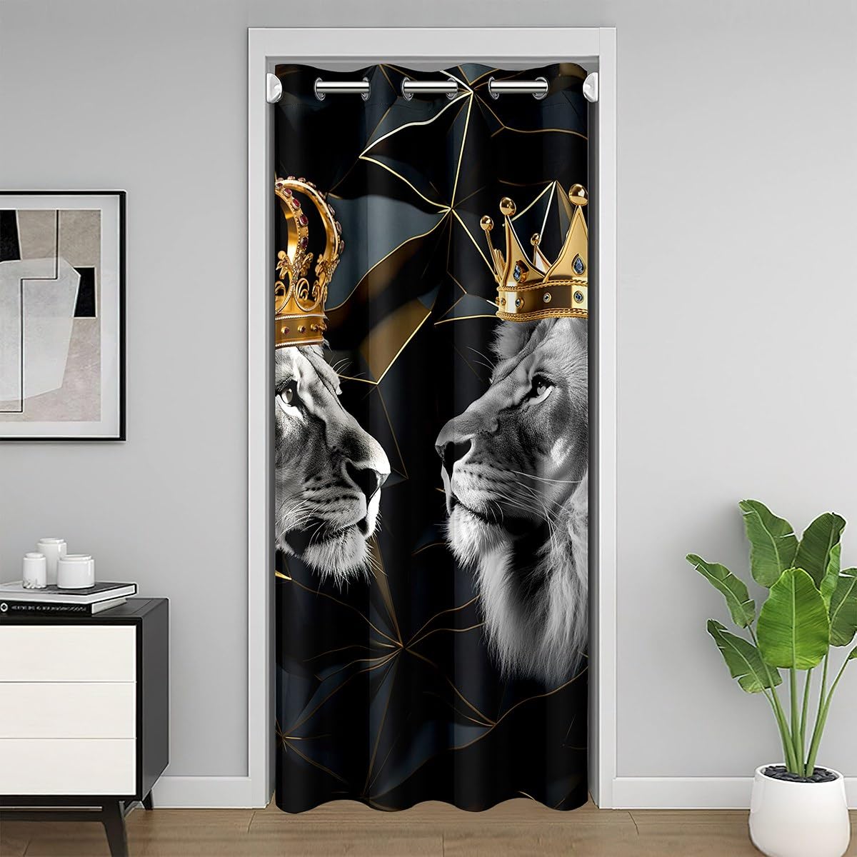 richhome Lion Door Curtain34 W X80 L Abstract Geometric Triangle Plaid Doorway Curtain Privacy For Kids Teens Adults Golden Crown Gray Wild Animals Drape For Bedroom Doors Windows โ image 1