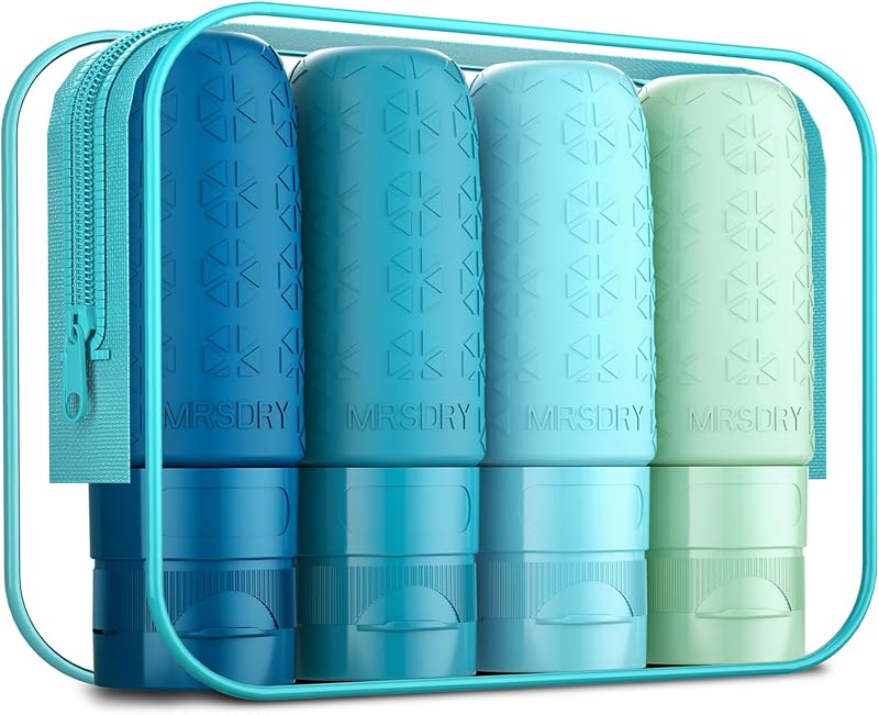 Mrsdry Frascos de silicone para viagem, 60 mL, reutilizáveis, com tampa de válvula e bolsa, Pacote com 4