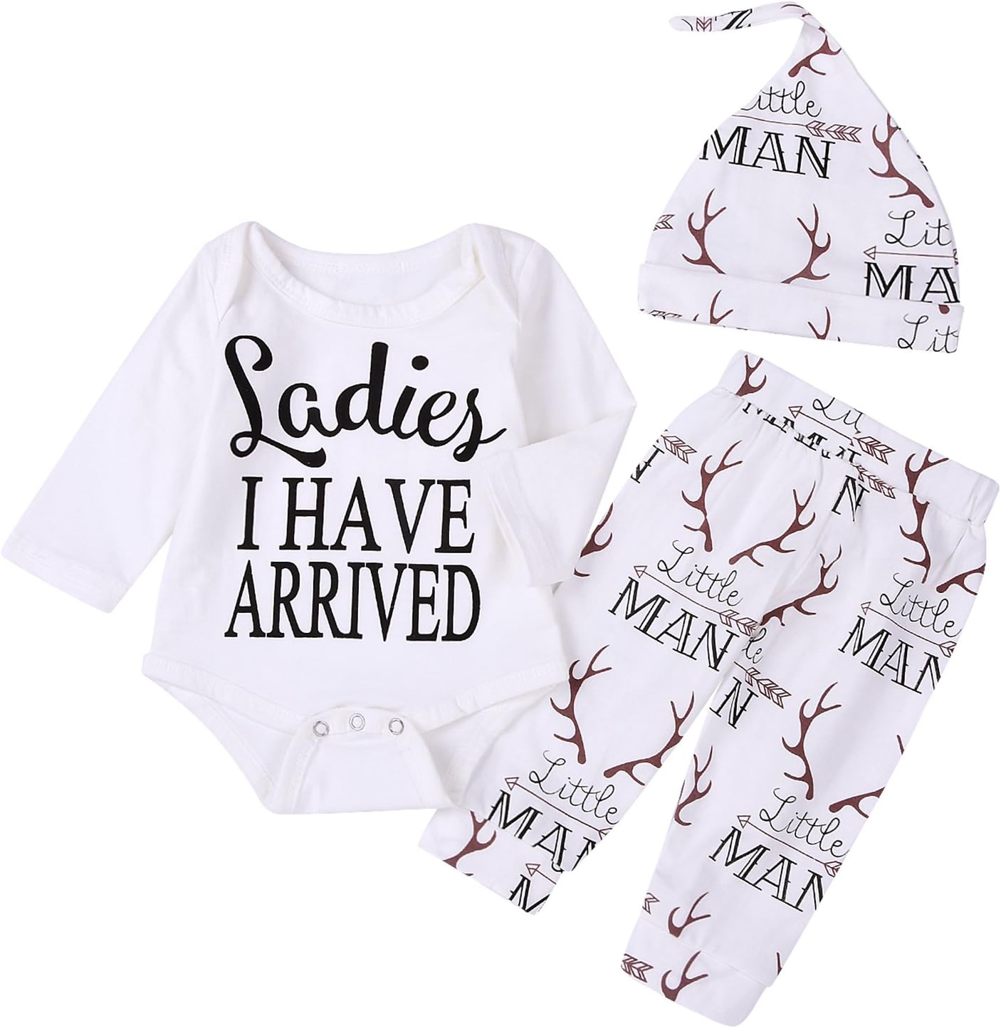 Newborn Suit for Baby Shower Deer Print Long Sleeve Romper+Long Pants+Hat