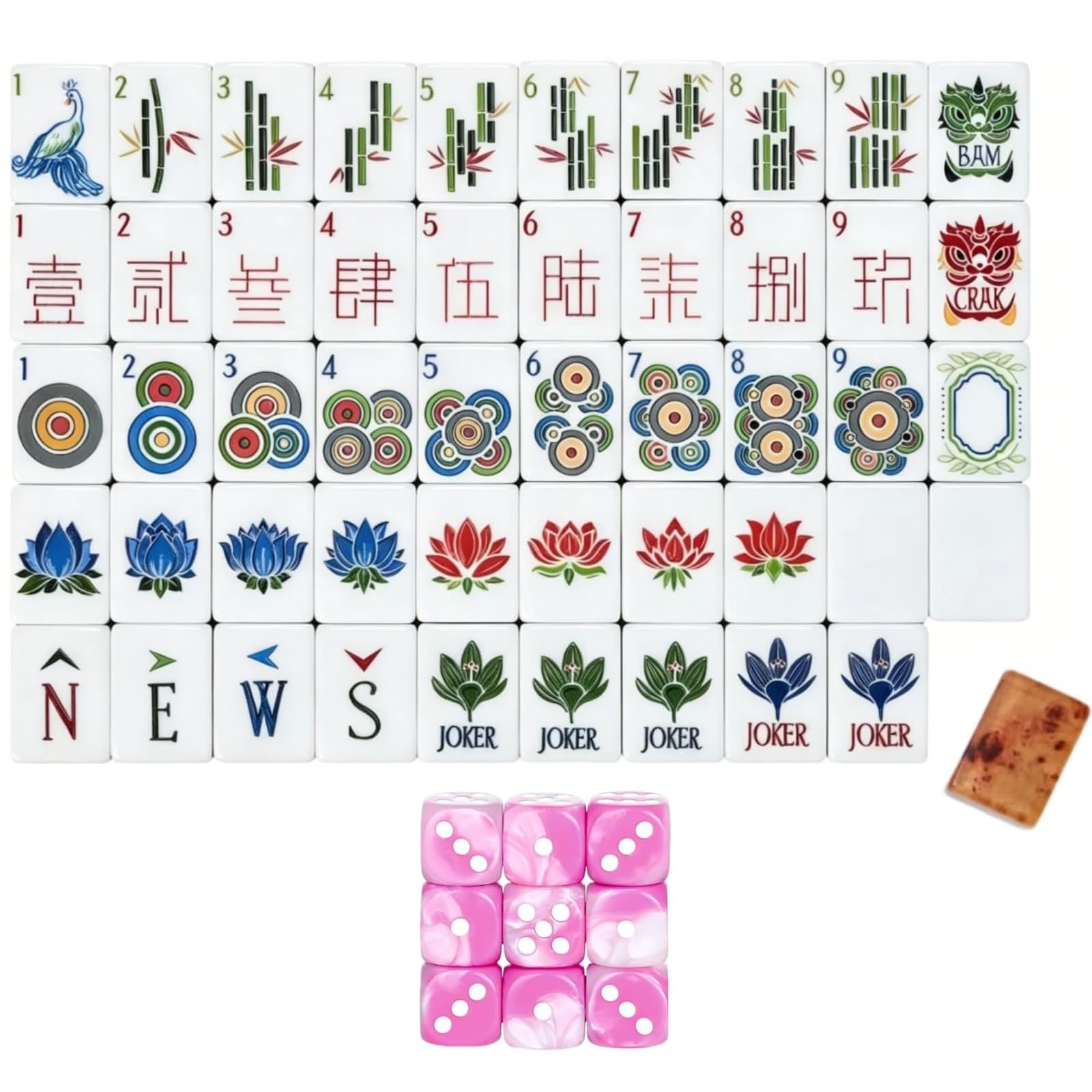 Set Fichas Mahjong Premium 4 Capas 160 Piezas Acrílico Americano | Con Fichas en Blanco y Dados Grabado Claro para Noches Familiares y Eventos(Wood Grain)