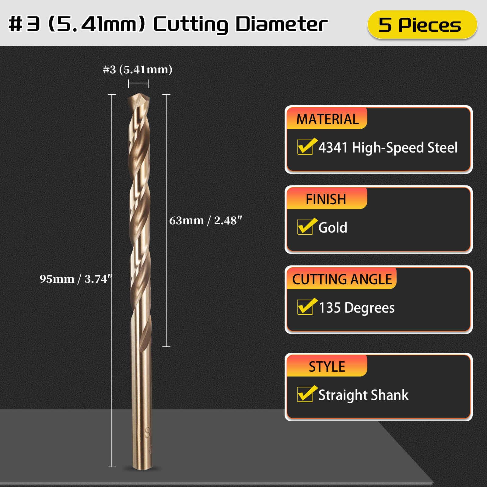 CoCud 5.4mm Drill Bit, #3 Cutting Diameter, 4341 HSS Number Jobber Bits Gold Finish 135° Cutting Angle - Image 2
